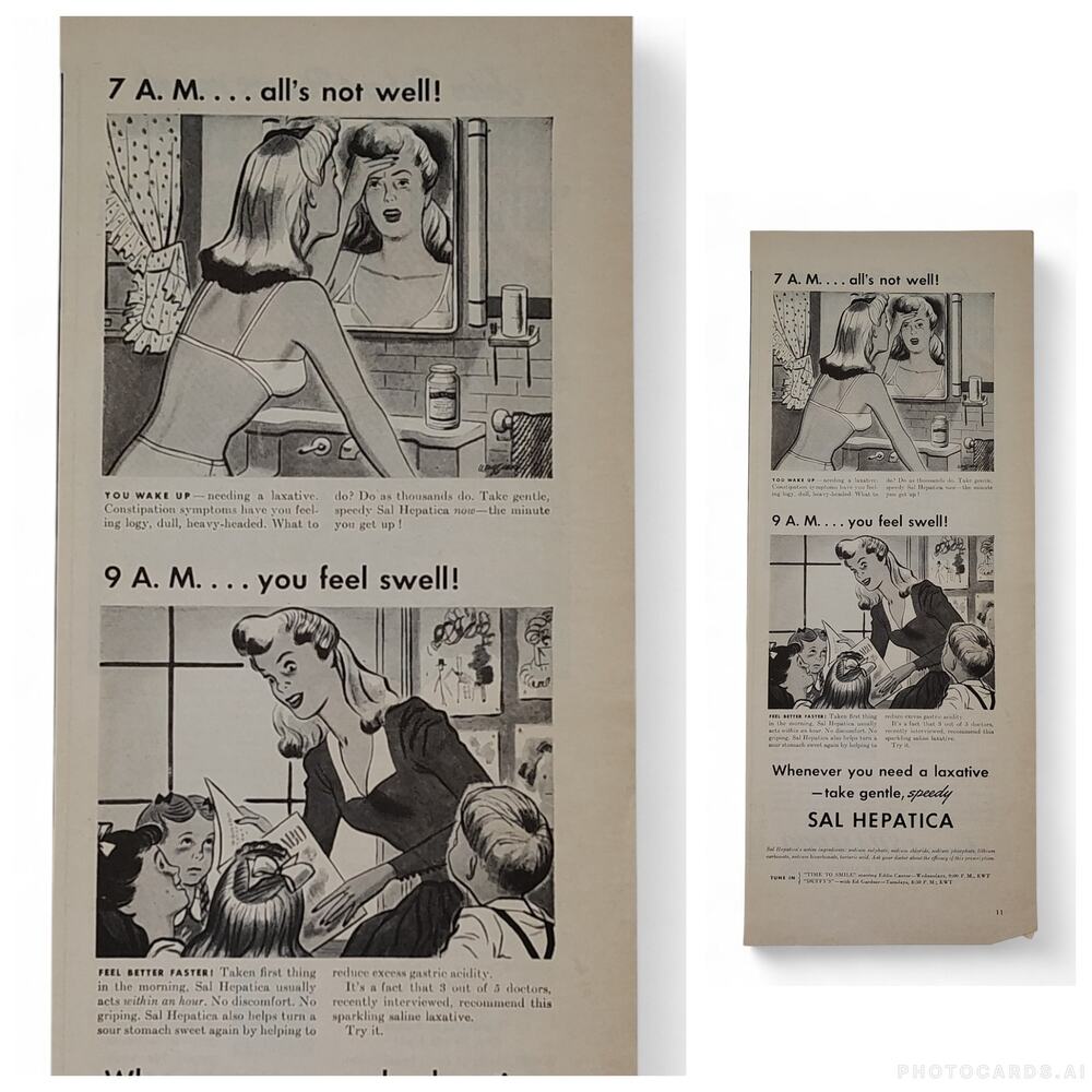 1943 Sal Hepatica Print Ad 7AM Not Well 9AM Swell Laxative‎ Humor 1940s Ephemera